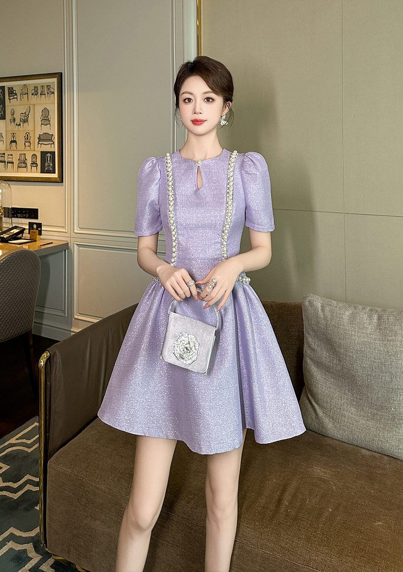 Đầm suông nữ midi cổ tròn tay bồng phong cách Chanel — [Đen], [Champagne] chi tiết 13