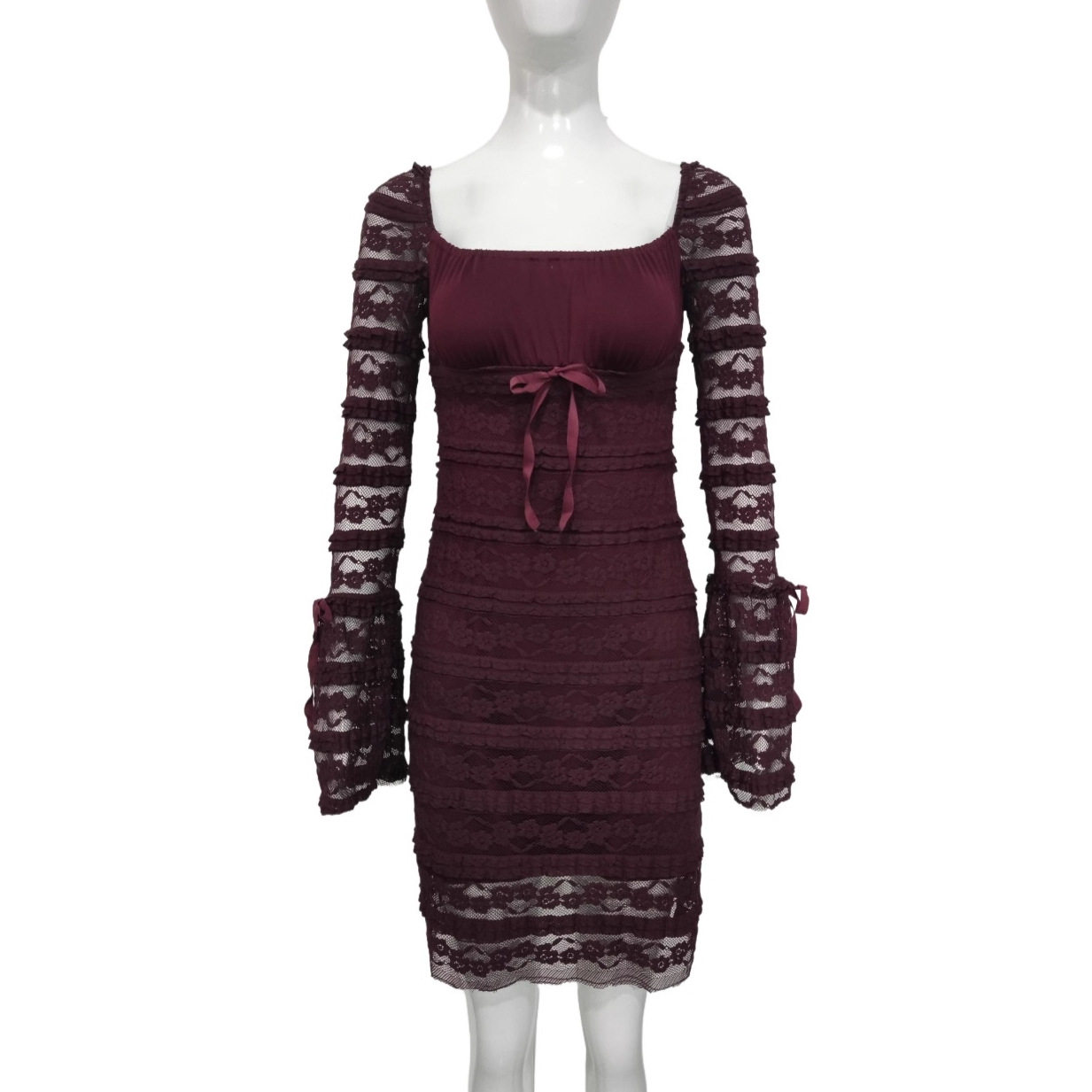 Lace Long Sleeve Dress Elegant French Style Square Neck Flared Sleeves Bodycon Fit Perfect for Autumn and Winter