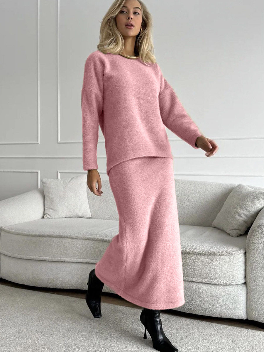Elegant Soft Thick Round Neck Sweater and Mermaid Skirt Set Womens OL Style Autumn Winter Fashion Wholesale Available