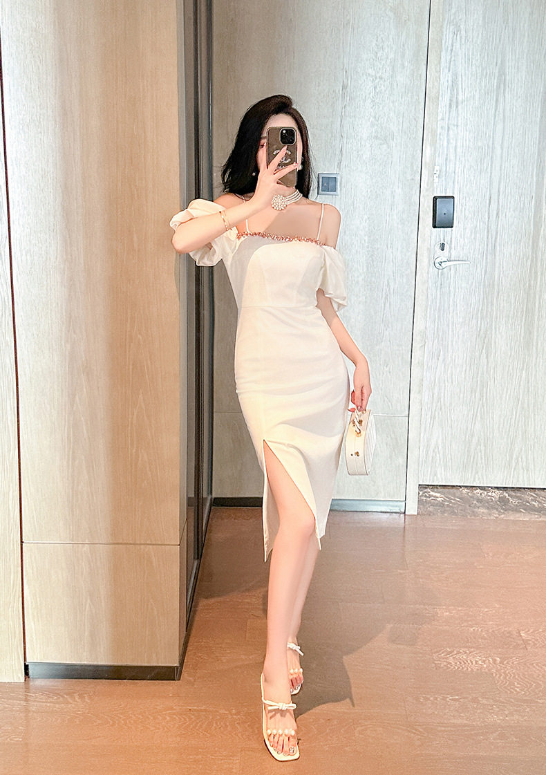 Đầm ôm body nữ cổ yếm tay ngắn xẻ tà trắng — [Trắng], [Vàng] chi tiết 4