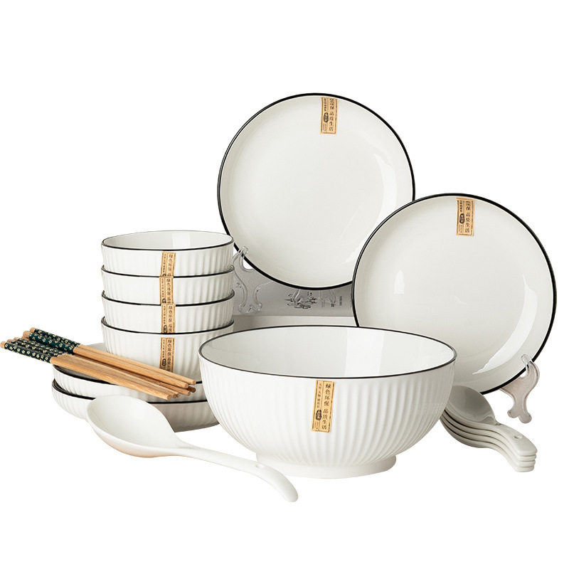 Dish Set for Home Use for Four People, Ceramic Tableware, Bowls and Chopsticks Set, Suitable for Microwave Oven