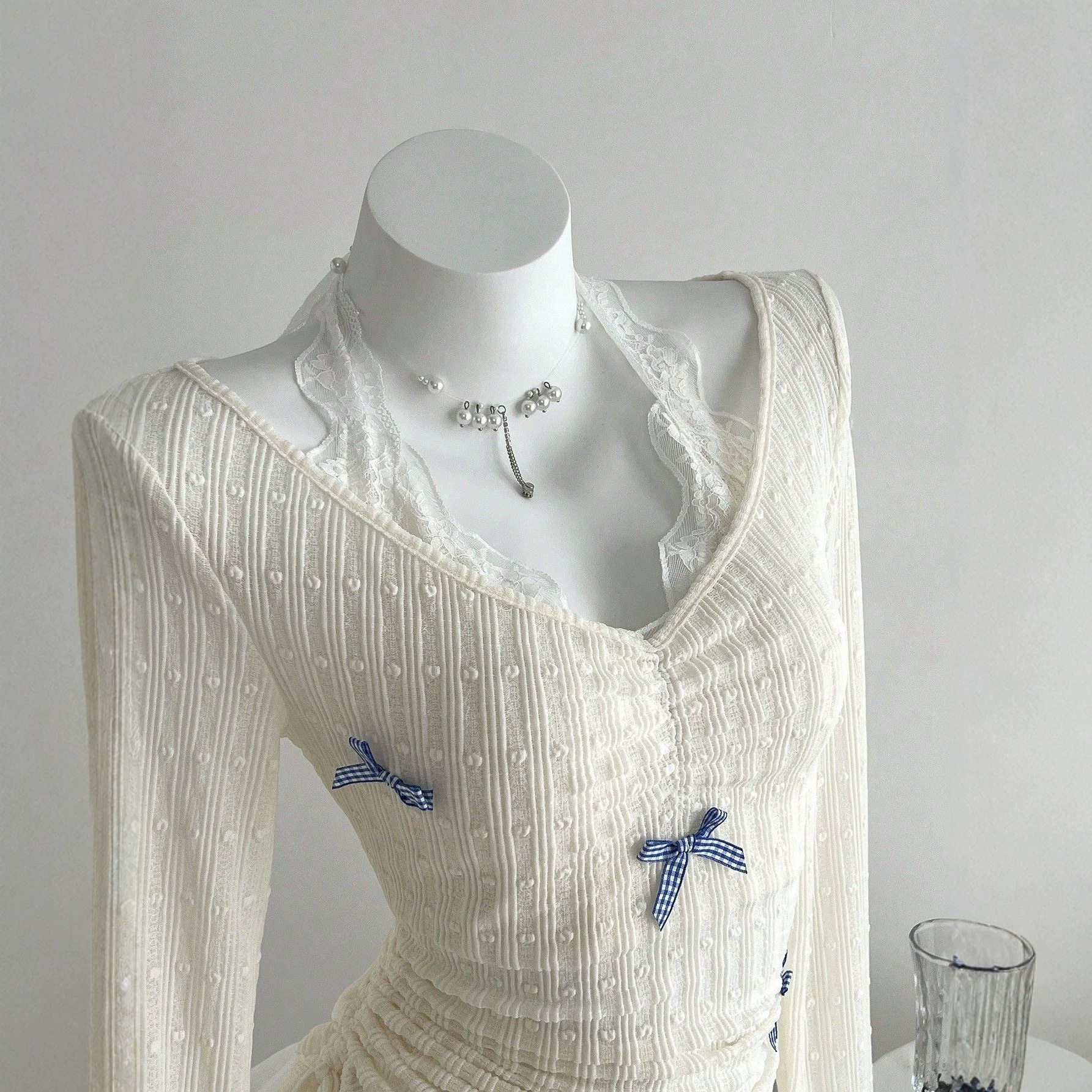 Lace Bow Tie Neck Long Sleeve T Shirt Slim Fit Elegant Design Comfortable Fabric Perfect for Casual Wear Ready to