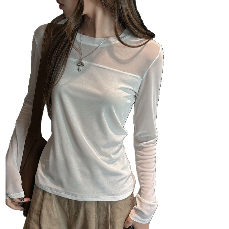 Mesh Long Sleeve T Shirt Slim Fit Round Neck Color Block Design Casual Wear Versatile Top Wholesale Available