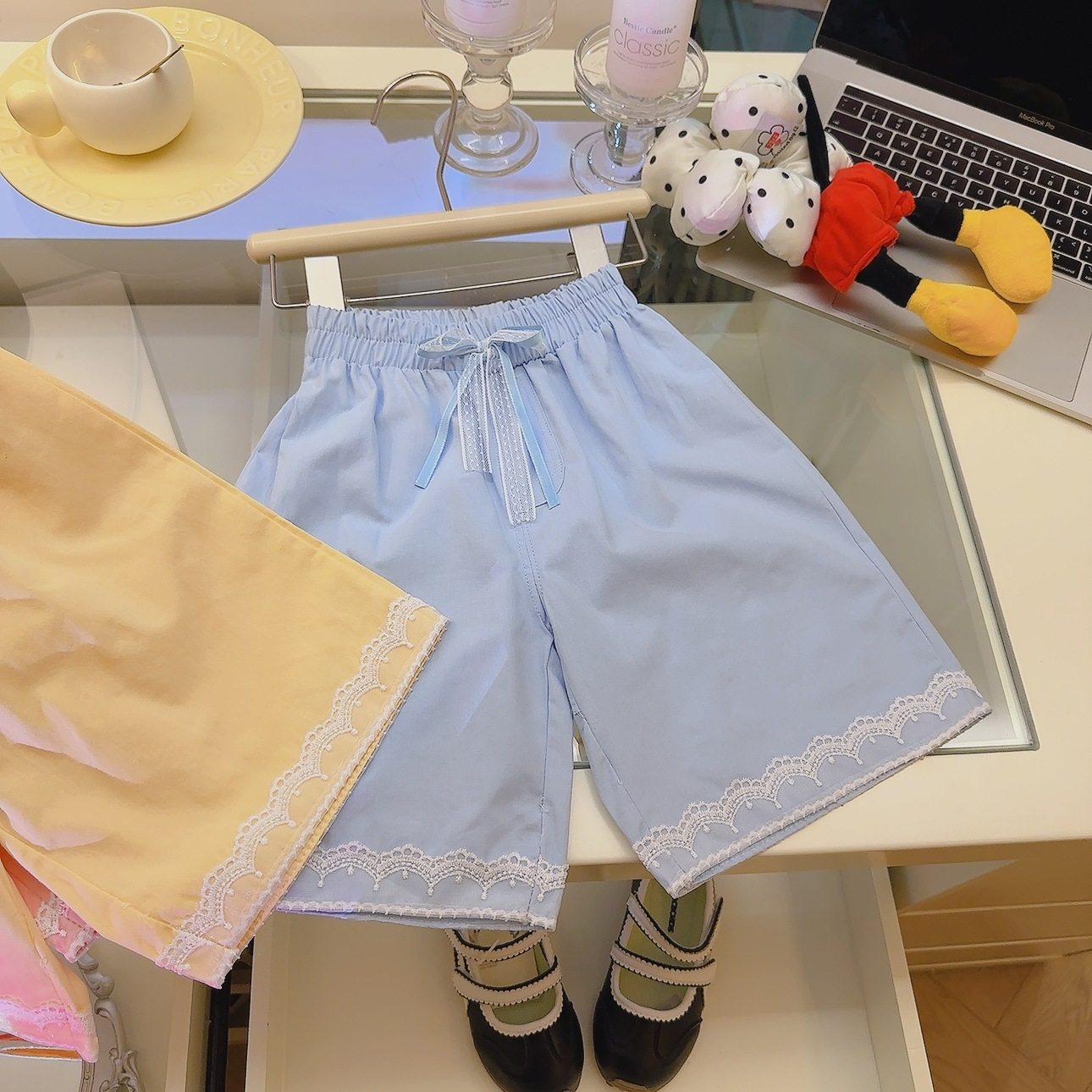 Women's Double-Stripe Lace Shorts, New Summer High-Waist Loose Flowy Wide-Leg Straight Shorts with Bow, Versatile Style