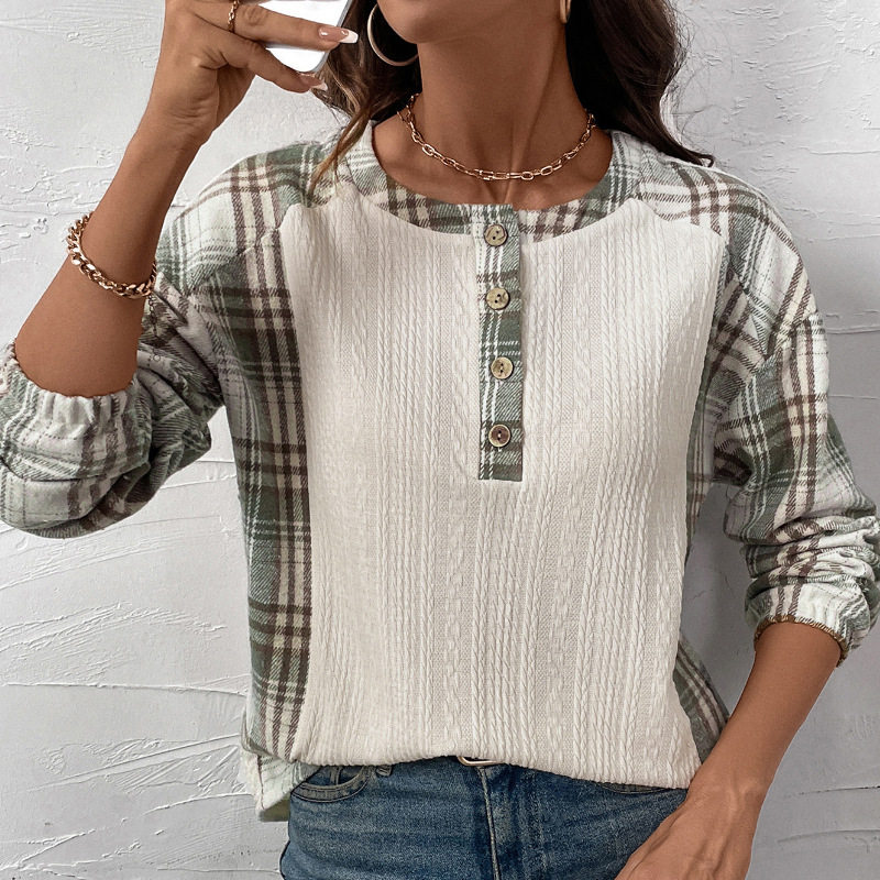 Casual Vintage Plaid Patchwork Top Textured Fabric Simple Design Autumn Style Wholesale Available