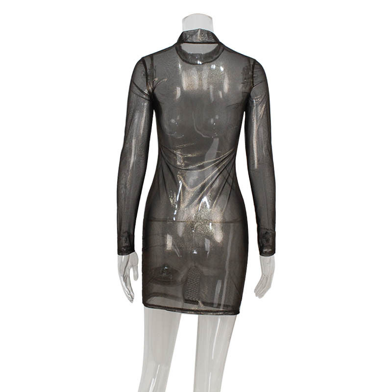 Womens Bodycon Dress Sheer Long Sleeves Gold Foil Detailing Slim Fit Elegant Evening Wear Wholesale Available