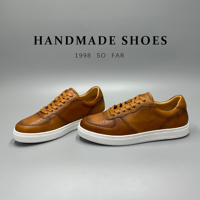Giày sneaker nam da bò lớp đầu tiên đế bằng đệm khí cổ điển dễ phối — Màu nâu, Màu đen, Màu trắng