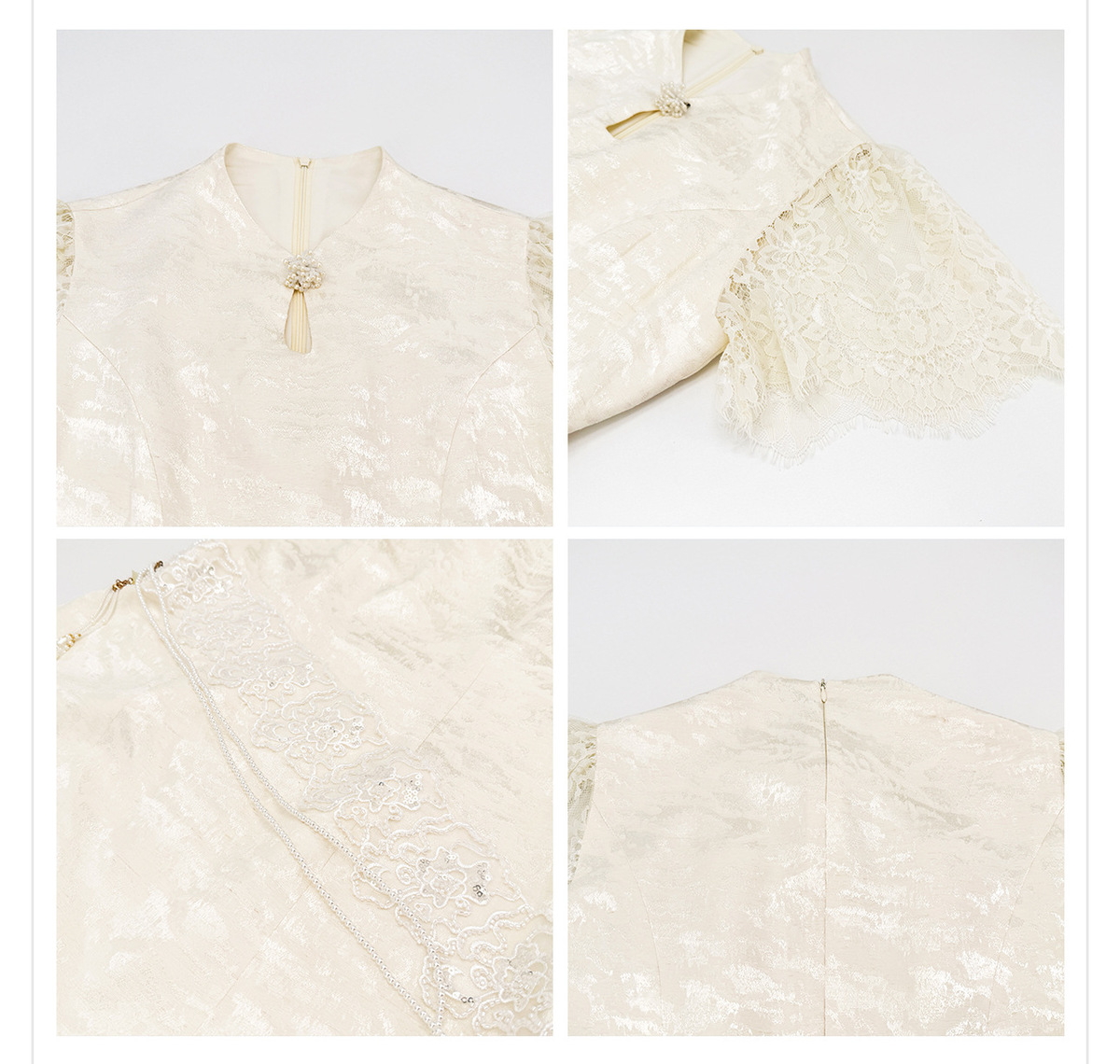 Bộ áo dài cách tân dáng ôm họa tiết hoa dệt jacquard kèm khăn choàng ngọc trai tháo rời — Vân kiều, Váy liền, Bộ