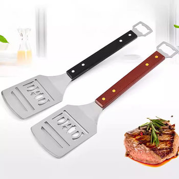 Stainless steel barbecue shovel with letters outdoor barbecue shovel camping barbecue tools wooden handle frying shovel creative hollow frying shovel