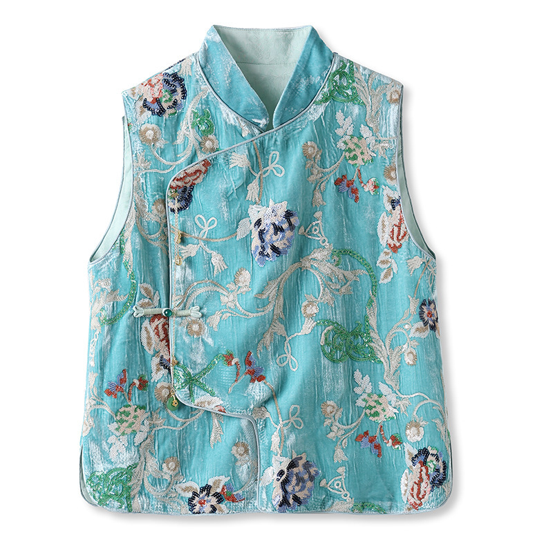 Áo vest nữ dáng ngắn thêu hoa chất liệu satin phối sequin — Màu xanh da trời (giao hàng trong 7 ngày), Màu xanh da trời (phát hành cùng ngày)