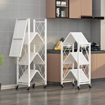 Installation-free kitchen folding rack multi-layer floor-type finishing rack trolley microwave oven rack storage rack