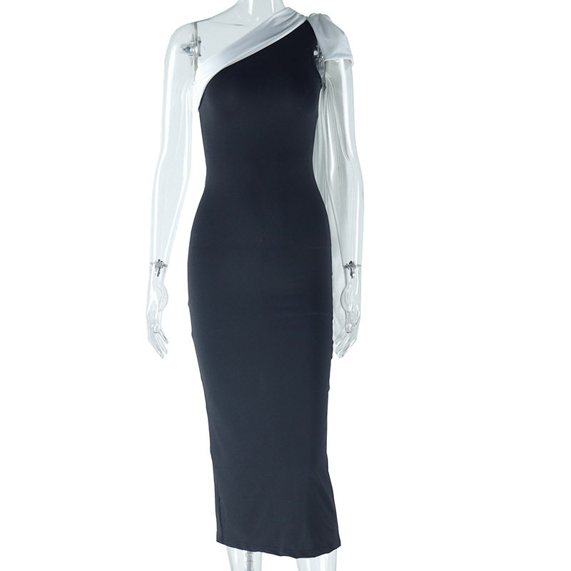 Elegant Womens Color Block Bodycon Dress Sleeveless Asymmetrical Shoulder Flowing Ribbons Perfect for Parties and