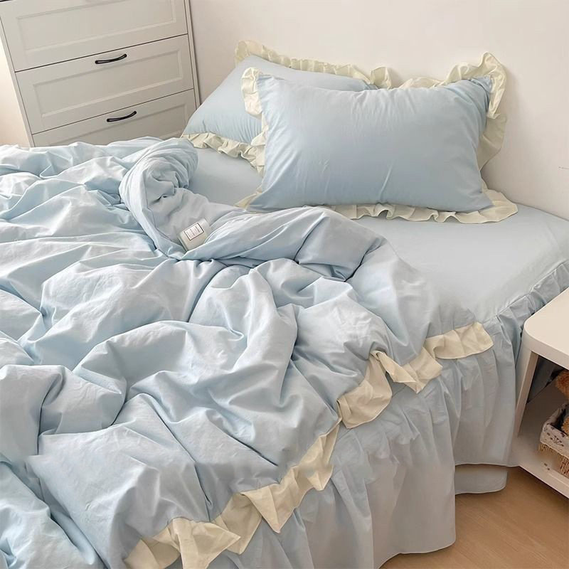 Solid Color Duvet Cover Blue Bed Sheet Three-Piece Set Lace Ins Soft Washed Cotton Four-Piece Set Ruffle Bedding Princess Style