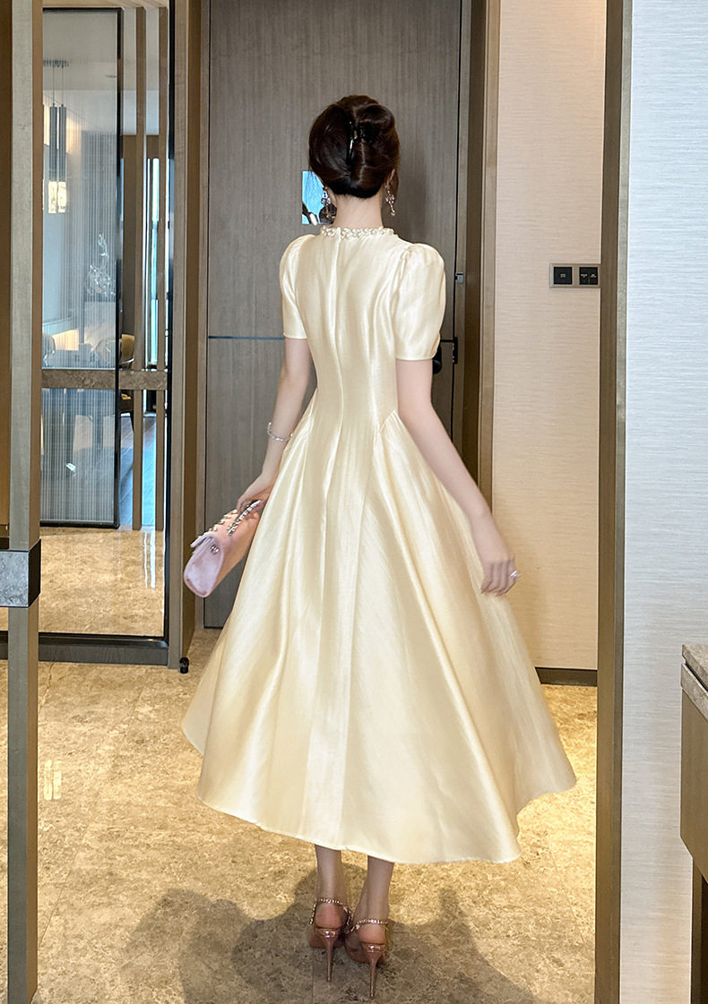 Đầm maxi nữ thắt eo cổ tròn tay ngắn phong cách Pháp — [Màu champagne] chi tiết 10