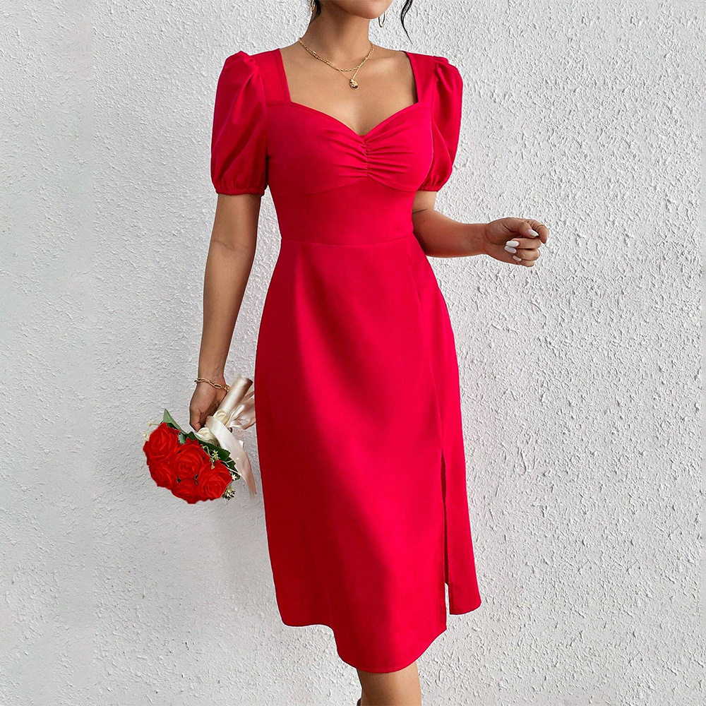 Red A Line Dress with Square Neck Ruffled Bust and Puff Sleeves Trendy for Parties and Events Wholesale Available