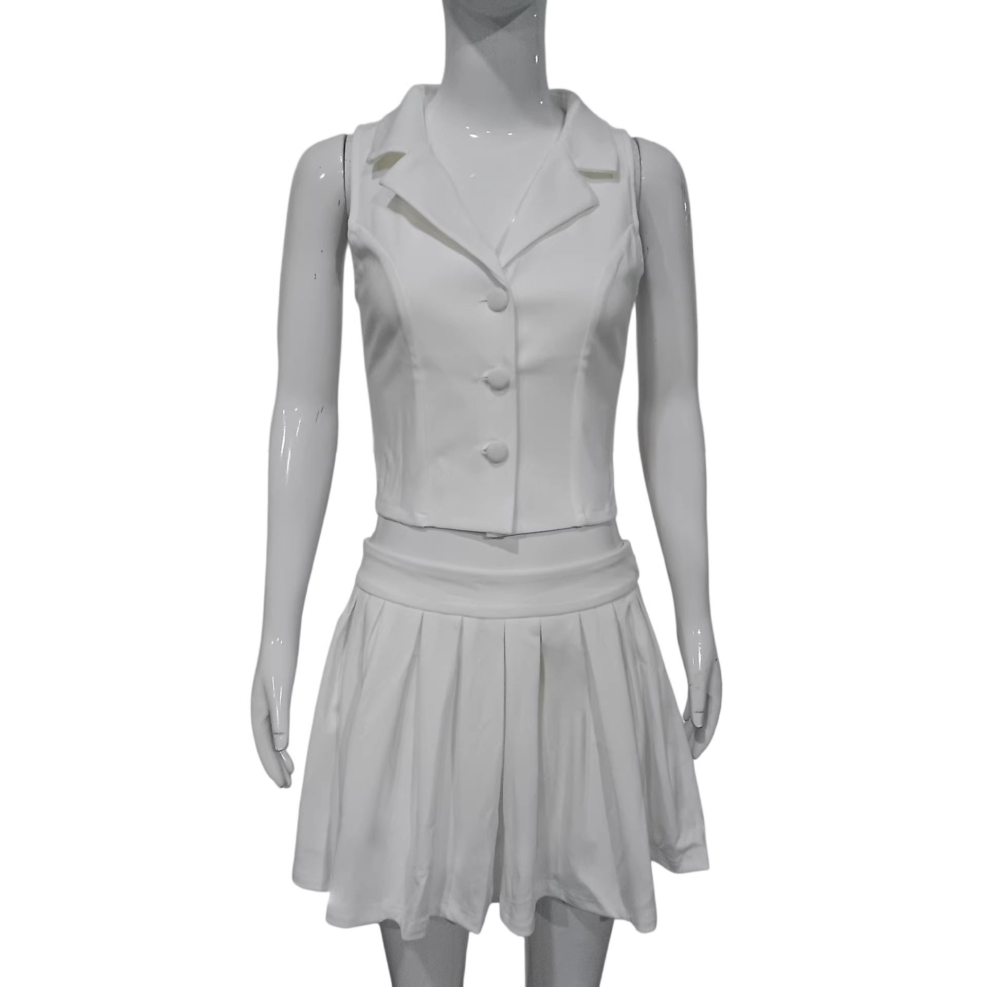 Summer Womens Suit Set Sleeveless Blazer with Lapel High Waisted Pleated Skirt Fashionable for Casual Outings