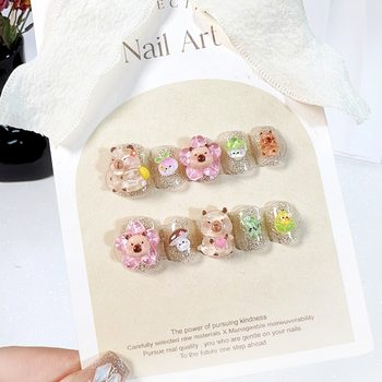 S98-Cute Cartoon Piglet Wearing Nail Piece Flower Cabbage Corn Nail Sticker Mushroom Vegetable Fake Nail Children
