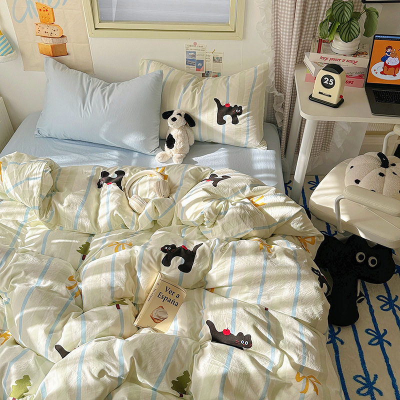 Class A Mother and Child Water Wash Cotton Four-Piece Set ins Cream Style Pure Cotton Fresh Bed Cover Bed Sheet Quilt Cover Bedding