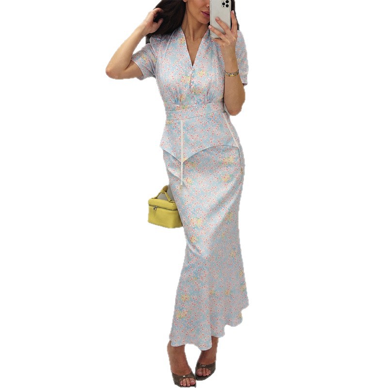 Floral V Neck Top and Fitted Midi Skirt Set Stylish Summer Womens Wear Elegant Design for Casual or Formal Occasions