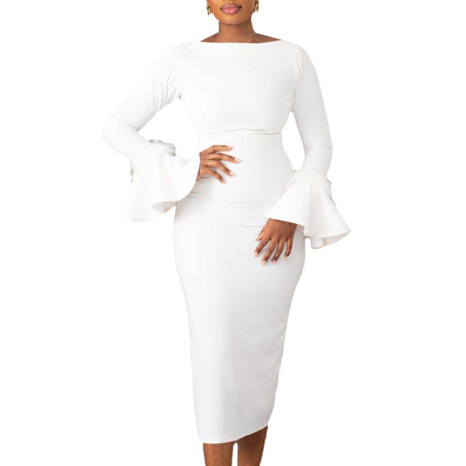 Fashionable Solid Color Bodycon Dress with Flared Sleeves Womens Winter Collection Office Wear Wholesale Available
