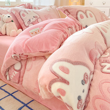 Warm Milk Velvet Four-piece Set Winter Thickened Coral Velvet Three-piece Set Cute Cartoon Single Quilt Cover Coral Velvet Mattress