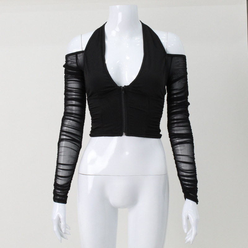 Sexy Deep V Neck Halter Top Sheer Mesh Panel Off Shoulder Long Sleeve Slim Fit Night Out Party Wear Wholesale
