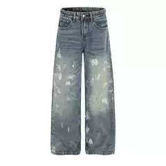 Dc+ American Retro Splatter Ink Rivet Design Washed Denim Jeans, Stylish and Unique Wide-Leg Straight Pants for Men