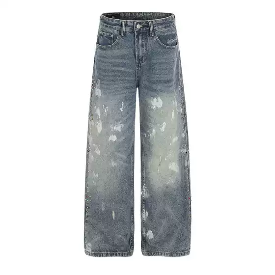 Dc+ American Retro Splatter Ink Rivet Design Washed Denim Jeans, Stylish and Unique Wide-Leg Straight Pants for Men