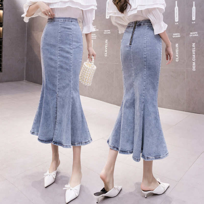 High Waisted Denim Midi Skirt Ruffled Hem Bodycon Fit Stretch Fabric Spring and Autumn Fashion Wholesale Available