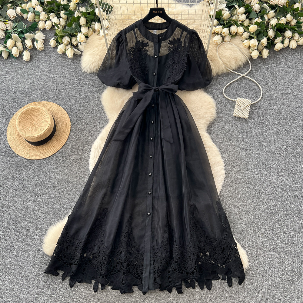 French Romantic Puff Sleeve Lace Dress for Women Breathable Skin Friendly Waist Defining A Line Summer Occasion