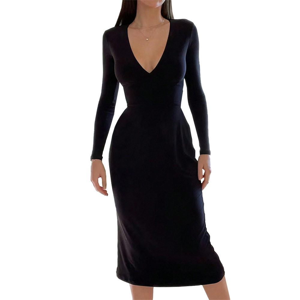 Womens V Neck Midi Dress Simple Solid Color Adjustable Waist Drawstring Spring Summer Casual Wear Wholesale Available
