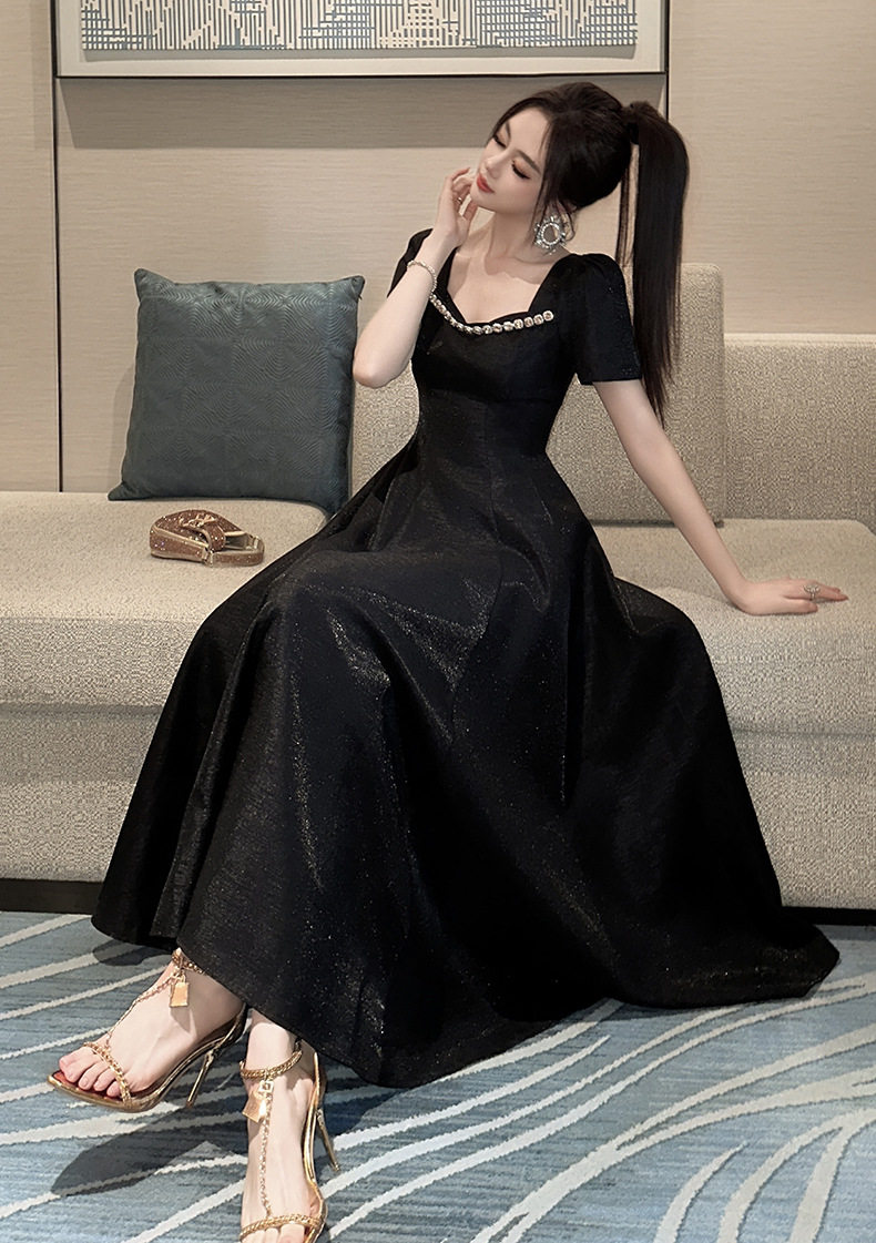 Đầm maxi nữ cổ vuông tay ngắn dáng chữ A cao eo — [Màu đen] chi tiết 6