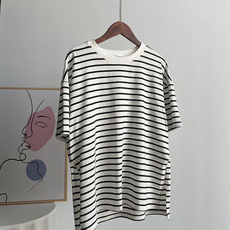 Striped Split Hem T Shirt for Women Loose Fit Short Sleeve Summer Style Casual Wear Wholesale Available