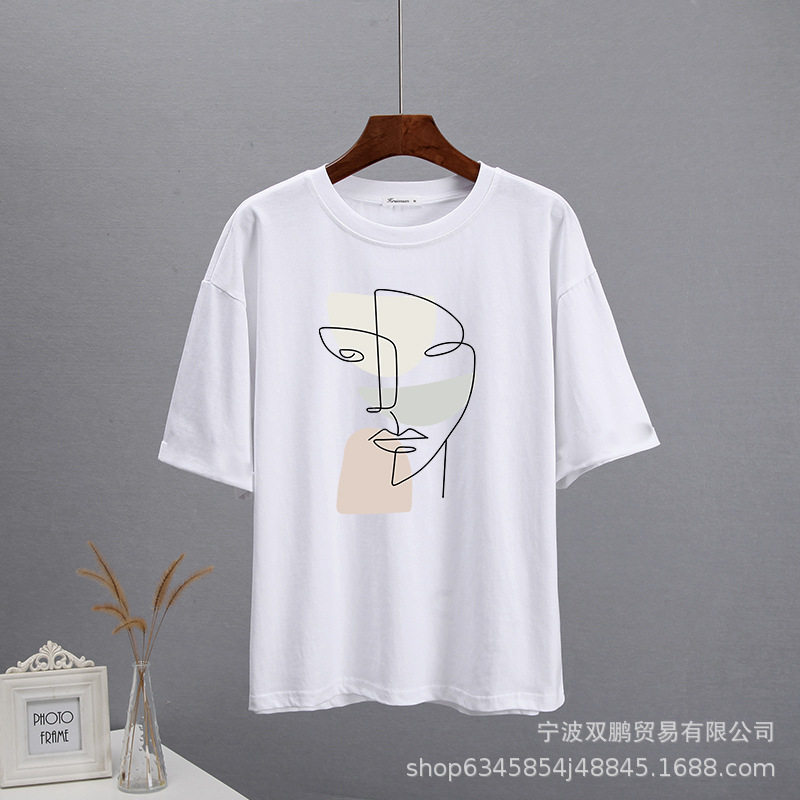 Abstract Aesthetic Printed T Shirt for Women Soft Cotton Loose Fit Basic Style Summer Casual Wear Wholesale