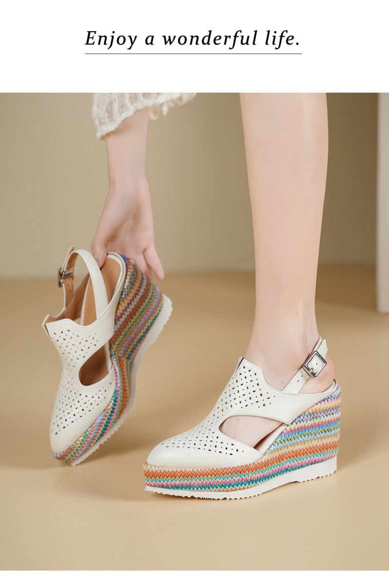 Sandal La Mã nữ da thật gót xuồng 10cm đế bánh mì tăng chiều cao — Màu be, Màu xanh dương