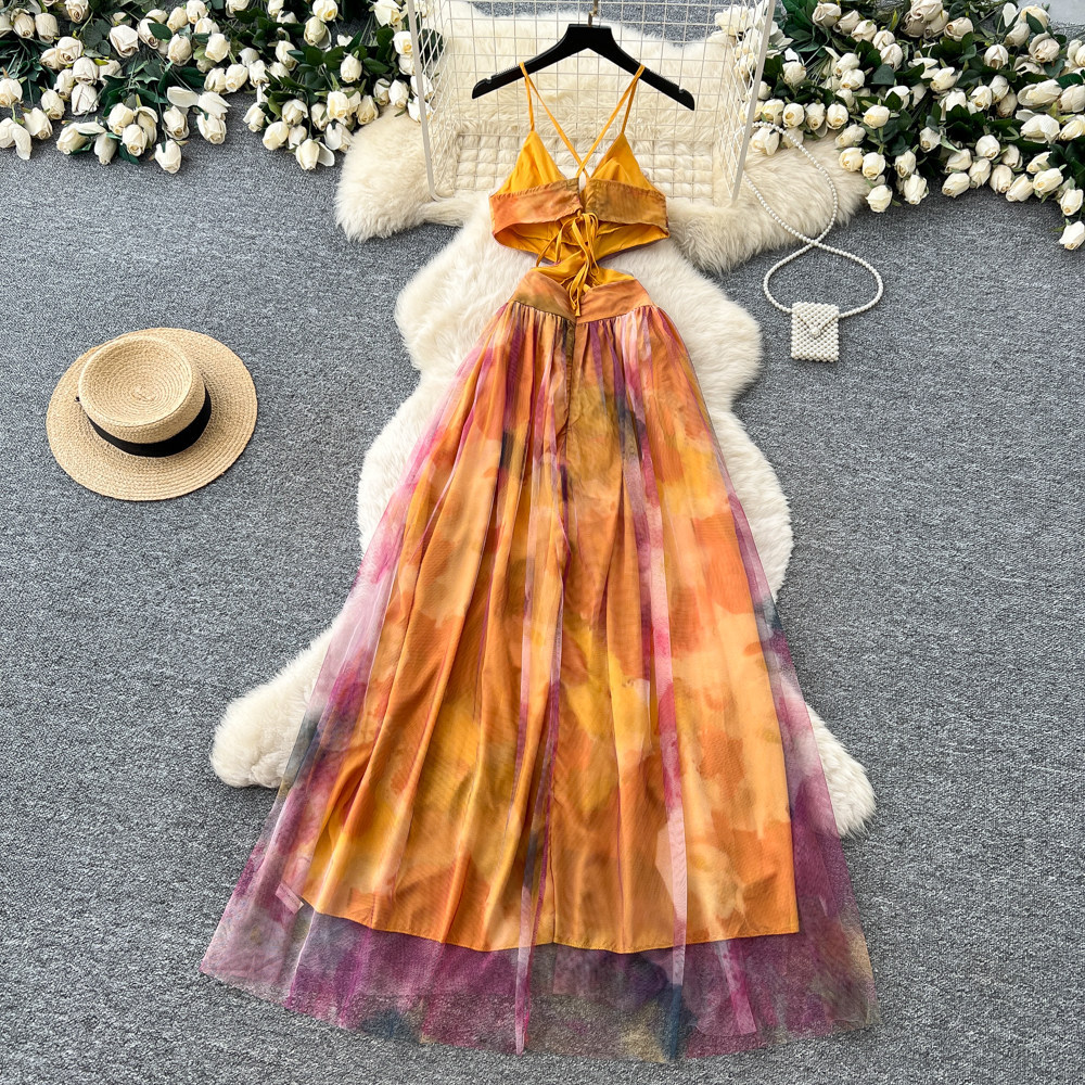 Summer Vacation Tie Dye Maxi Dress for Women V Neck Waist Cut Out Sheer Mesh Elegant Style Perfect for Beach or
