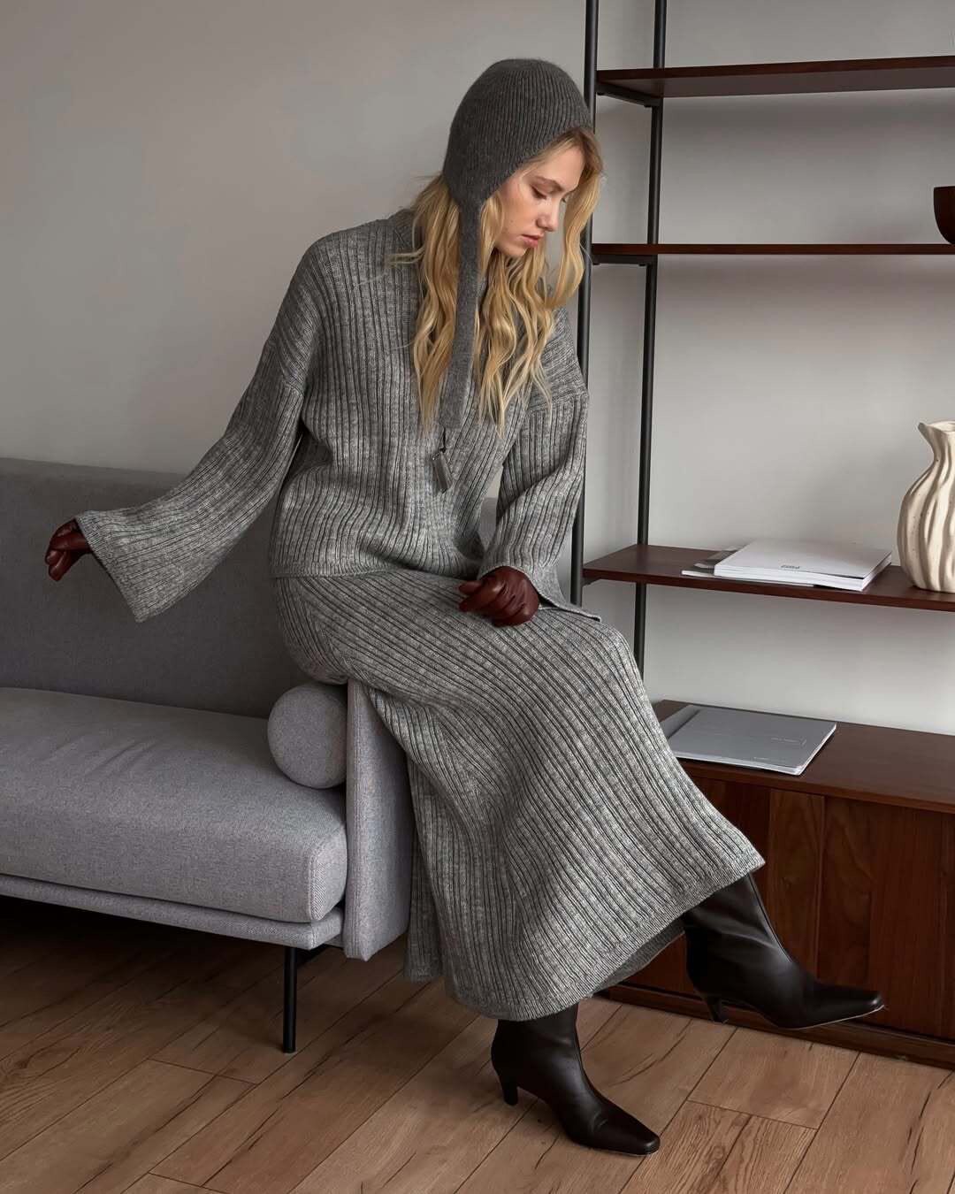 Womens Chunky Knit Sweater Set Solid Color Round Neck Loose Fit Includes Wide Leg Pants and Scarf Autumn Winter