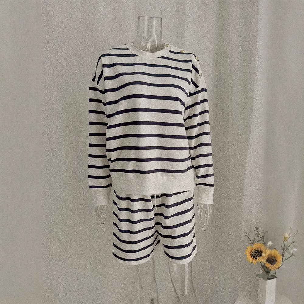 Womens Color Block Striped Sweatshirt Set Loose Fit Round Neck Long Sleeve Shoulder Cutout Shorts Spring Fall