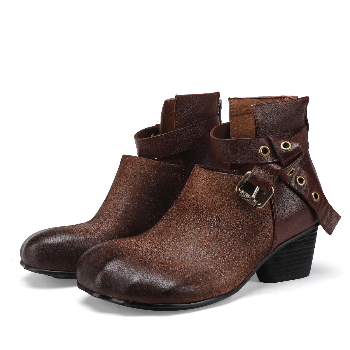 Boot nữ cổ thấp da bò thật gót thô khóa kéo sau mũi tròn — màu đen, Màu nâu cà phê