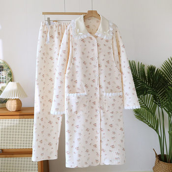 Autumn and Winter New Floral Maternity Outfit Set Long-Sleeve Cardigan Loungewear Warm Nursing Pajamas Women's Air Layer