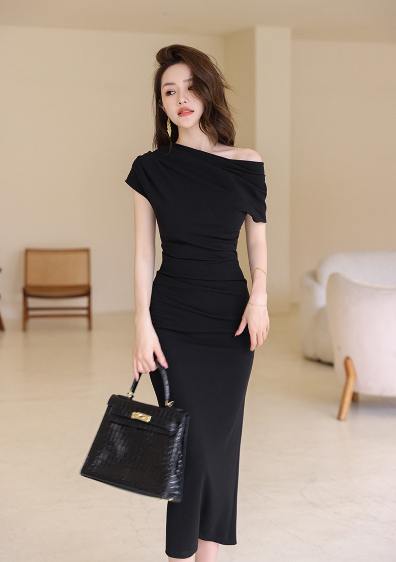 Đầm ôm body nữ dáng dài tay ngắn, cổ chéo, thiết kế eo ôm, phong cách Pháp — [Đen], [Xanh bạc hà], [Màu mơ], [Đỏ rượu vang] chi tiết 24