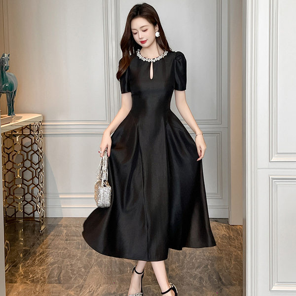 Đầm maxi nữ tay ngắn cổ tròn thắt eo dáng suông — [Đen], [Xanh bạc hà], [Tím]