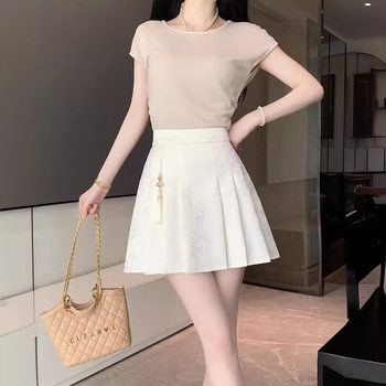 Chinese Style Women's White 24 New Summer Jacquard Black Pleated Skirt Simple All-Match High Waist A- Line Skirt
