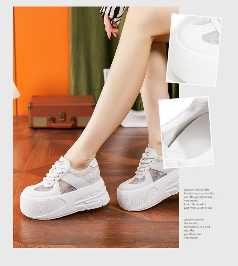 Giày sneaker nữ đế dày chunky lưới thoáng khí, tăng chiều cao, phong cách đa năng — Trắng, Bạc chi tiết 2