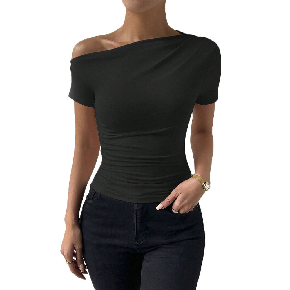Womens Slim Fit Short Sleeve T Shirt Asymmetrical Neckline Solid Color Summer Style Wholesale Available