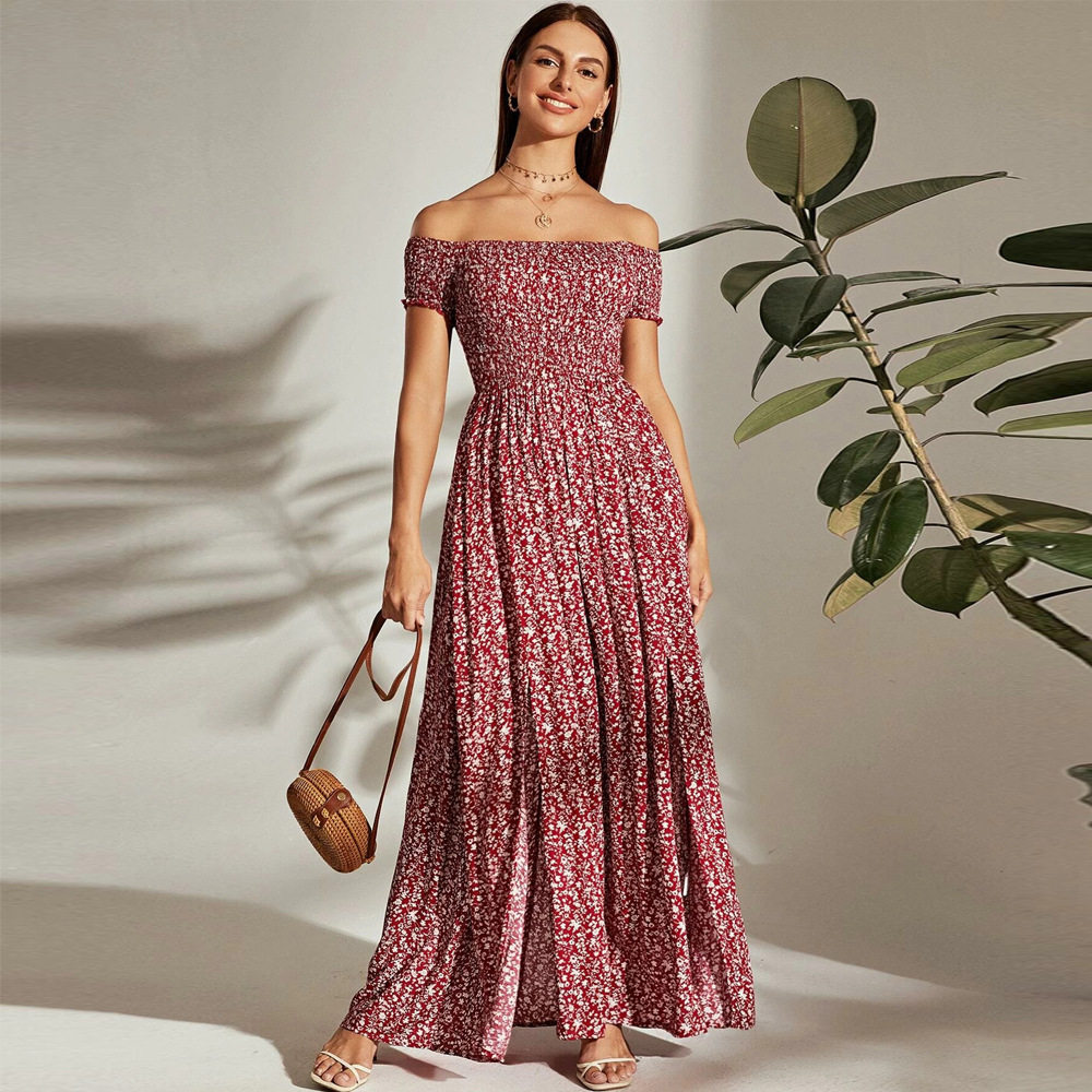 Elegant Off Shoulder Maxi Dress Floral Print Elastic Waist Flared Skirt Fashionable for Parties and Special Occasions