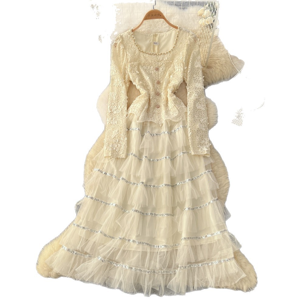 Korean Style Square Neck Long Sleeve Dress Beaded Lace Panel High Waist Embroidered A Line Elegant Office Wear