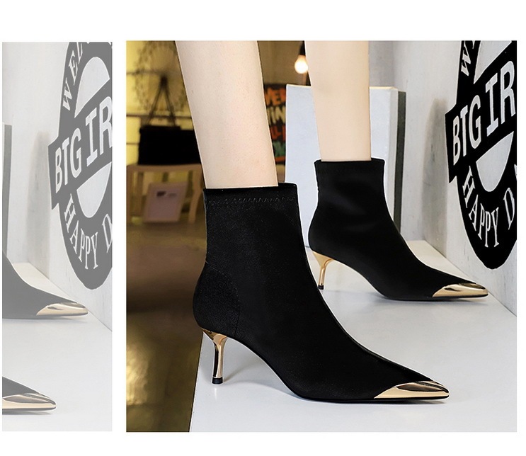 Boot nữ cổ thấp mũi nhọn nhung nhung gót vừa phong cách thanh lịch — 319-10 đen 8cm, 319-A10 đen 5cm, 319-A10 Màu nâu sẫm 5cm, Màu nâu sẫm 319-10 8cm