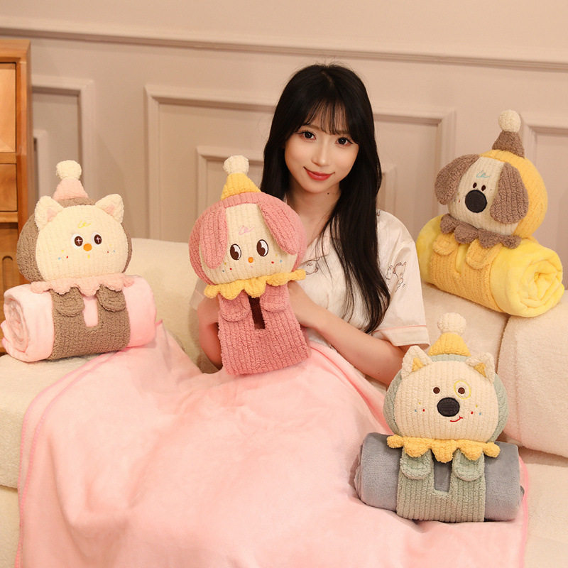 Three-Dimensional Roll Blanket Dual-Purpose Office Lunch Break Blanket Cute Puppy Cat Doll Sleeping Pillow Flannel Blanket Pillow