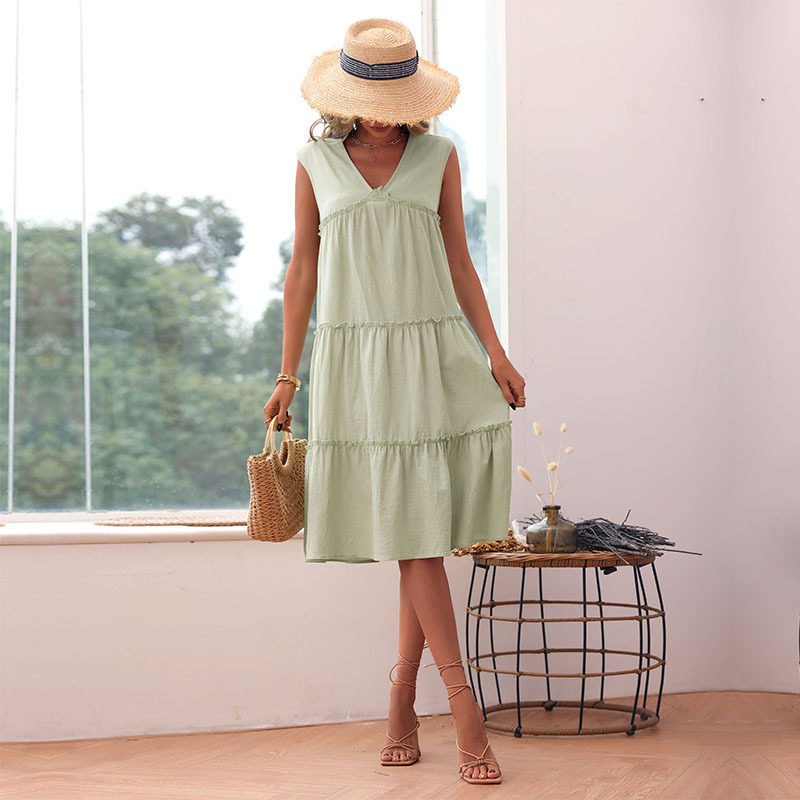 Sleeveless V Neck Cotton Linen Dress Solid Color Summer Style Casual Wear Wholesale Available